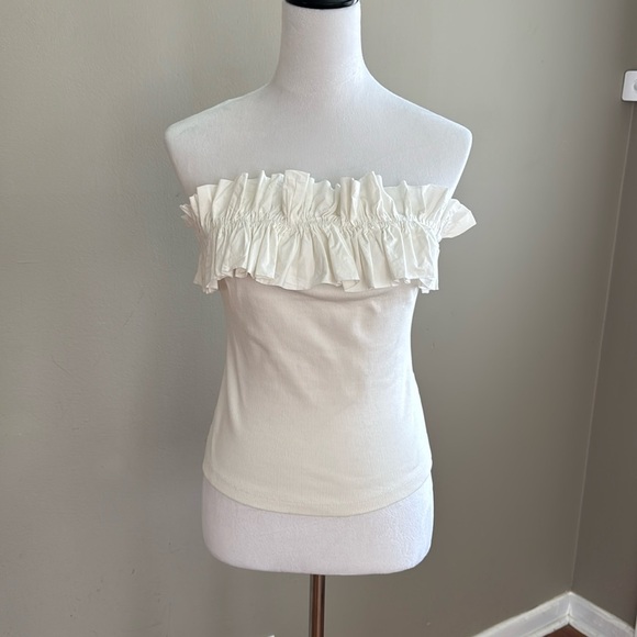 Anthropologie Maeve Poplin Ruffle Trim White Tube Off Shoulder Top Size MP - NEW - Picture 5 of 12